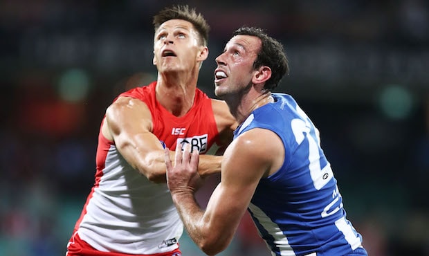 AFL 2018 Round 07 - Sydney v North Melbourne SYDNEY, AUSTRALIA - MAY 05: Todd Goldstein of the Kangaroos competes for the ball against Callum Sinclair of the Swans during the round seven AFL match between the Sydney Swans and the North Melbourne Kangaroos at Sydney Cricket Ground on May 5, 2018 in Sydney, Australia. (Photo by Matt King/AFL Media)